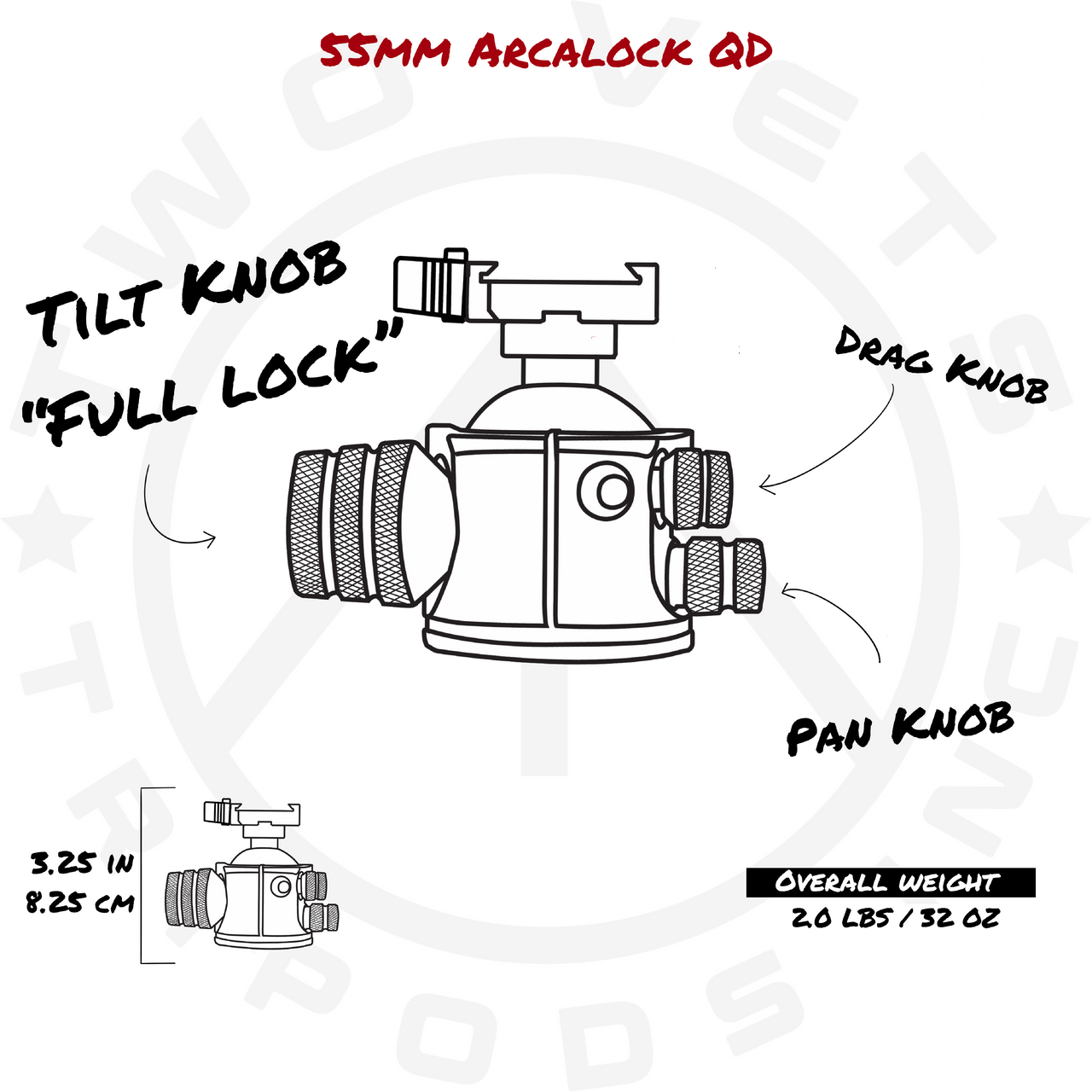 Two Vets 55MM Dual Tension Ballhead W/ Area 419 ARCALOCK QD